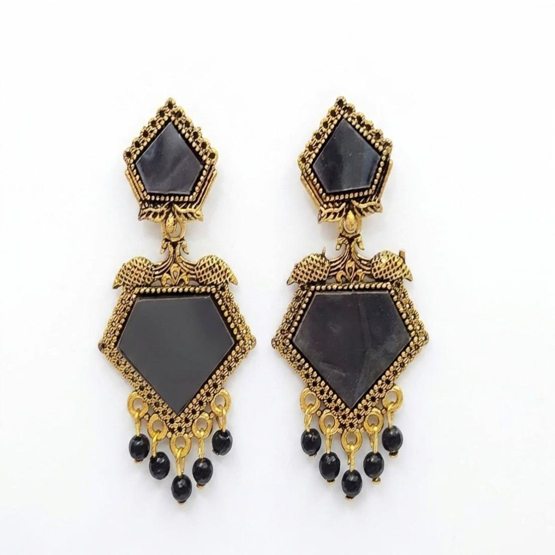 Traditional Statement Earrings with Peacock Design-Beaded Dangles