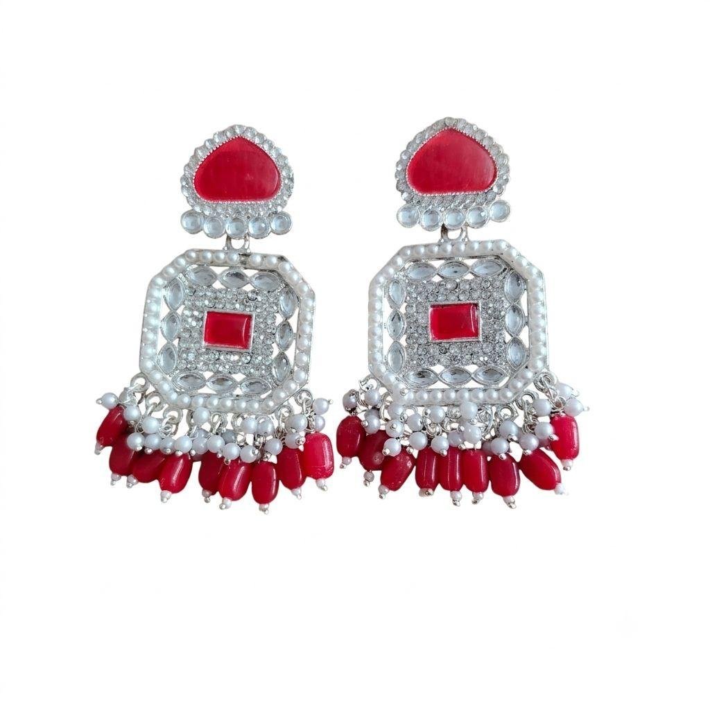 Designer Red Stone Pearl Drop Earrings for Women