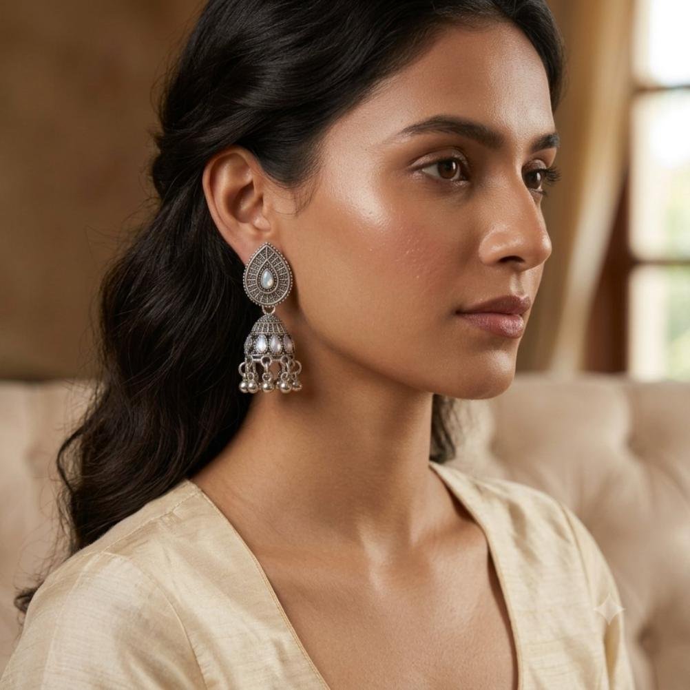 Traditional Indian Ethnic Earrings with Jhumka & Ghungroo Drops - Image 4