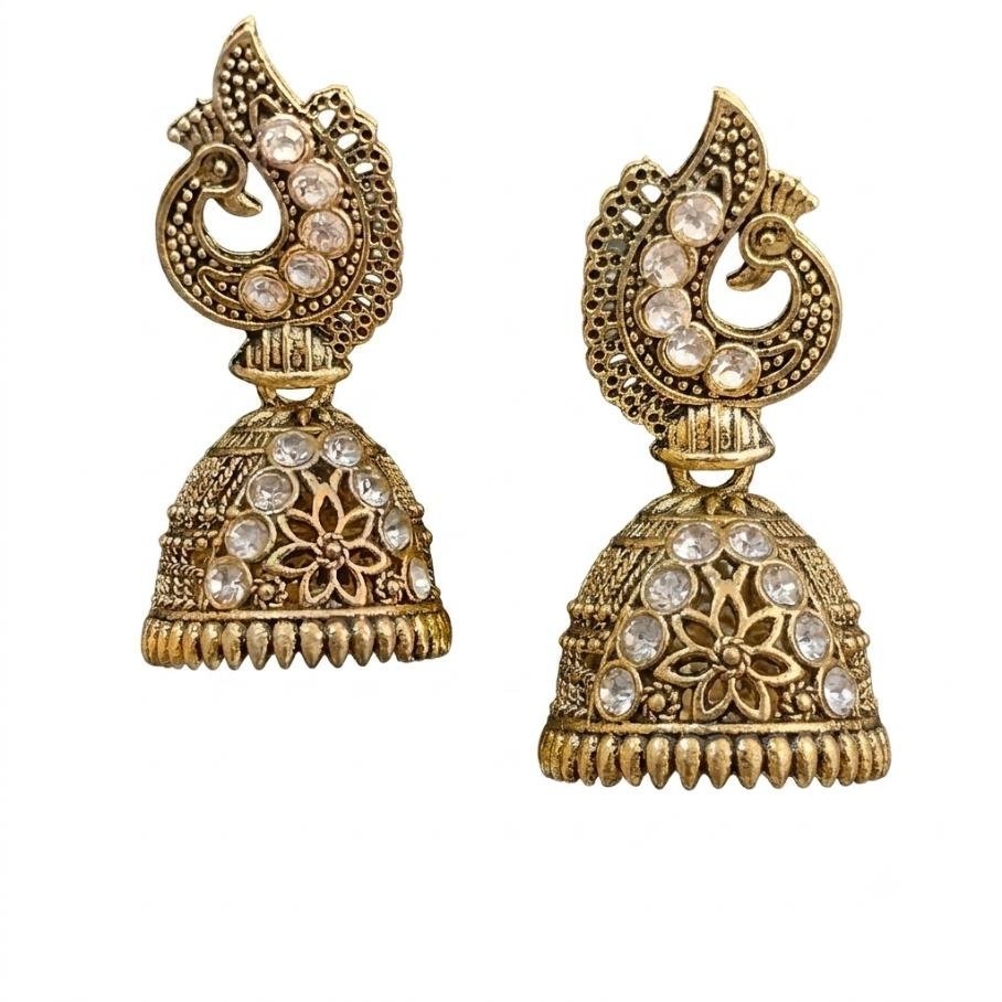 Traditional Jhumka Gold Tone Peacock - Floral Design Earrings