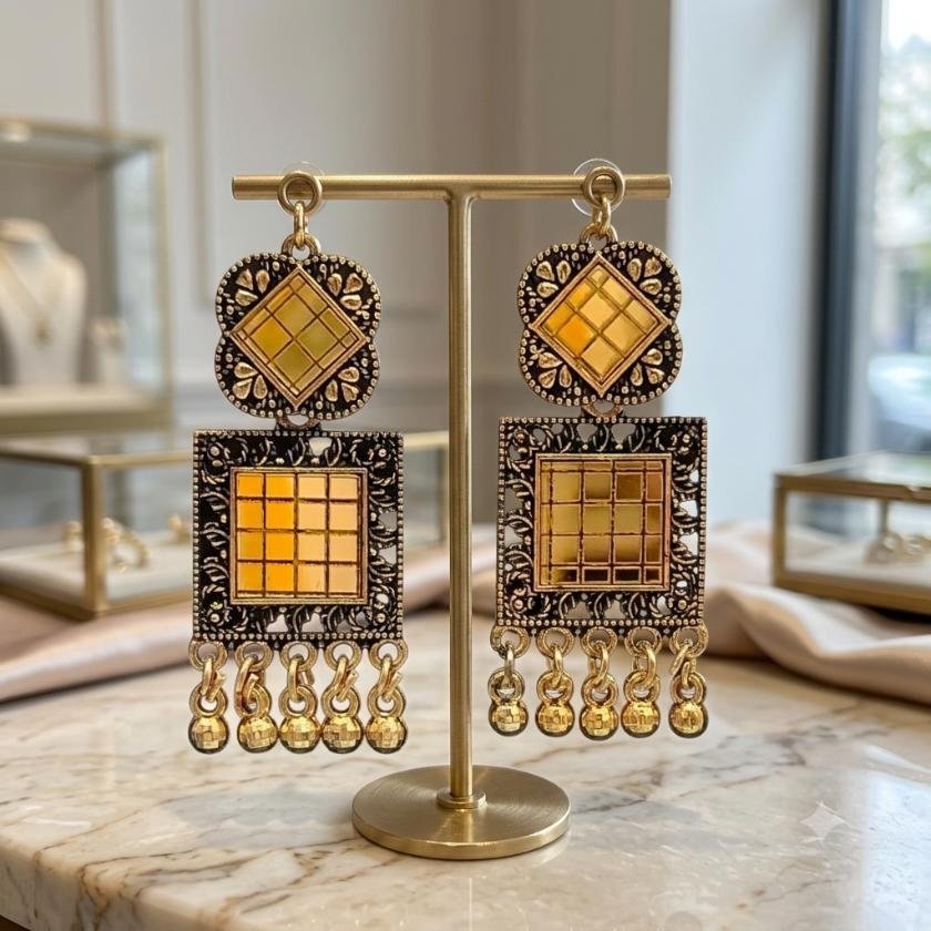 Gold Tone Square Drop Earrings with Antique Black Detailing & Hanging Beads - Image 2