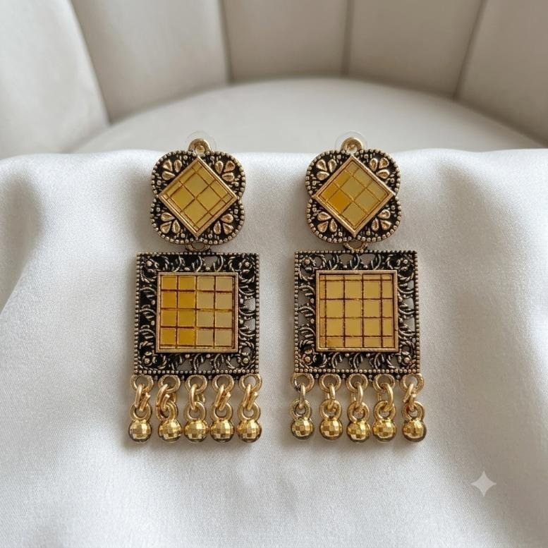 Gold Tone Square Drop Earrings with Antique Black Detailing & Hanging Beads - Image 3