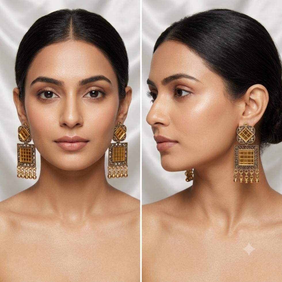 Gold Tone Square Drop Earrings with Antique Black Detailing & Hanging Beads - Image 4