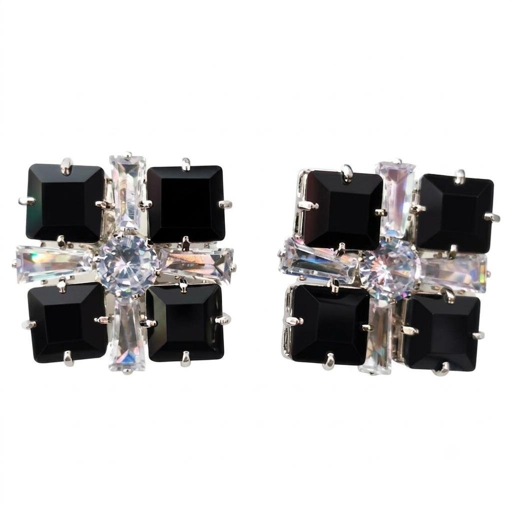 Geometric Square Stud Earrings with Clear Sparkling Stone