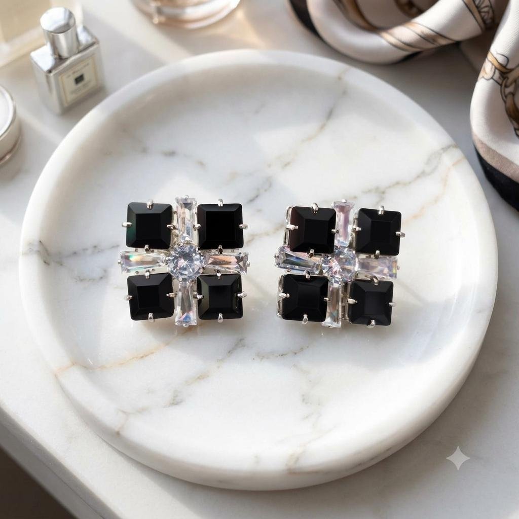 Geometric Square Stud Earrings with Clear Sparkling Stone - Image 2