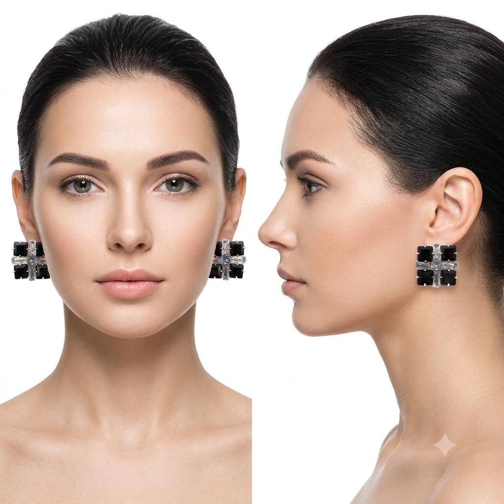 Geometric Square Stud Earrings with Clear Sparkling Stone - Image 4