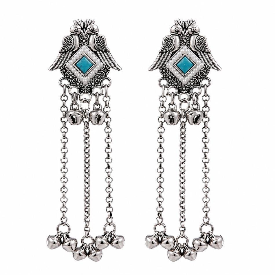 Ethnic German Silver Peacock Motif Long Chain Ghungroo Earrings
