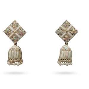 Silver-Plated Geometric Rhombus Stud Pearl Jhumka Earrings