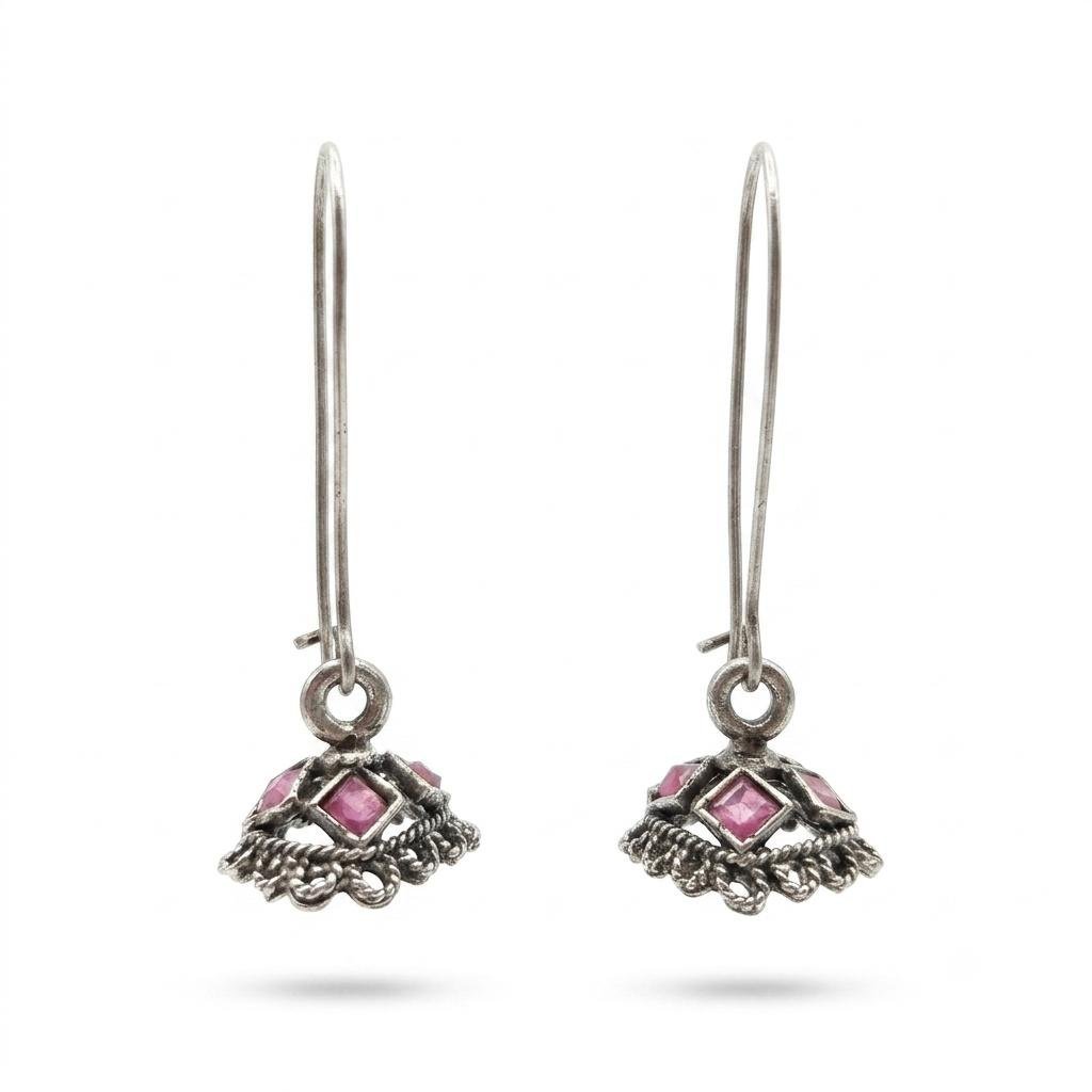 Minimalist Antique Silver Long Wire Drop Jhumka Earrings with Pink Stones