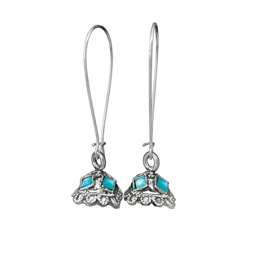 Antique Silver Turquoise Blue Gemstone Mini Umbrella Jhumki Earrings