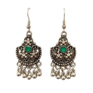 Vintage Oxidized Silver Emerald Green Stone Tribal Dangle Earrings