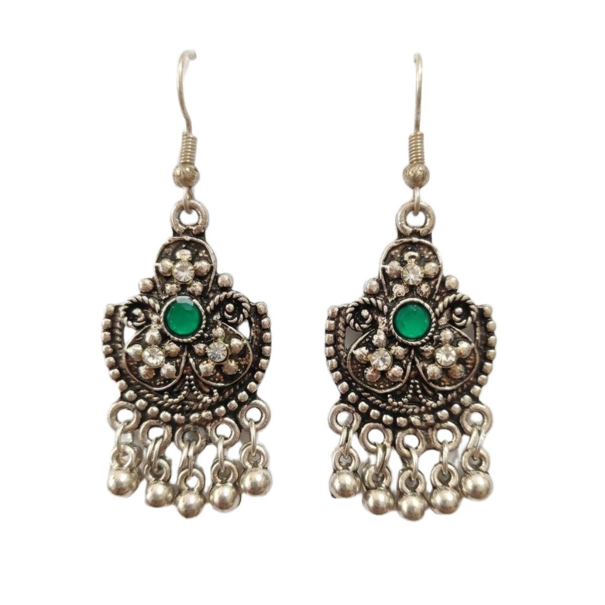 Vintage Oxidized Silver Emerald Green Stone Tribal Dangle Earrings