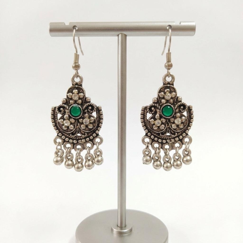 Vintage Oxidized Silver Emerald Green Stone Tribal Dangle Earrings - Image 2