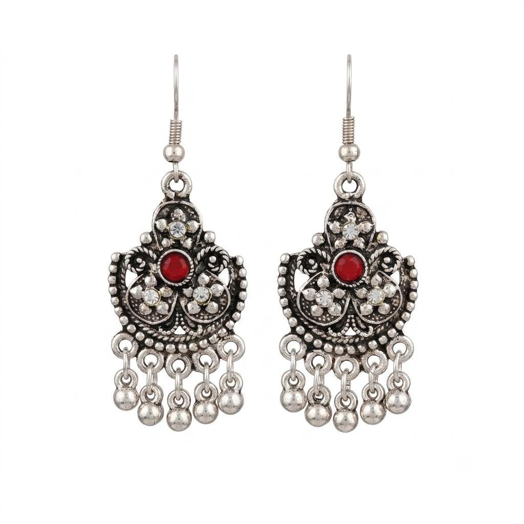 Vintage Tribal Oxidized Silver Red Stone Dangle Earrings for Women
