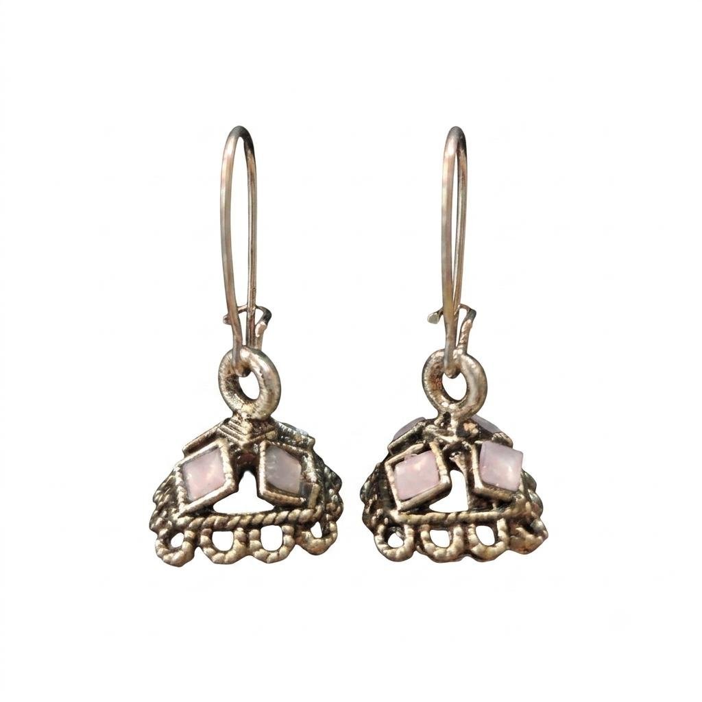 Minimalist Pale Pink Gemstone Inlaid Oxidized Silver Drop Earrings