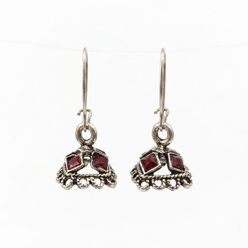Ethnic Oxidized Silver Red Square Crystal Umbrella Dangle Earrings