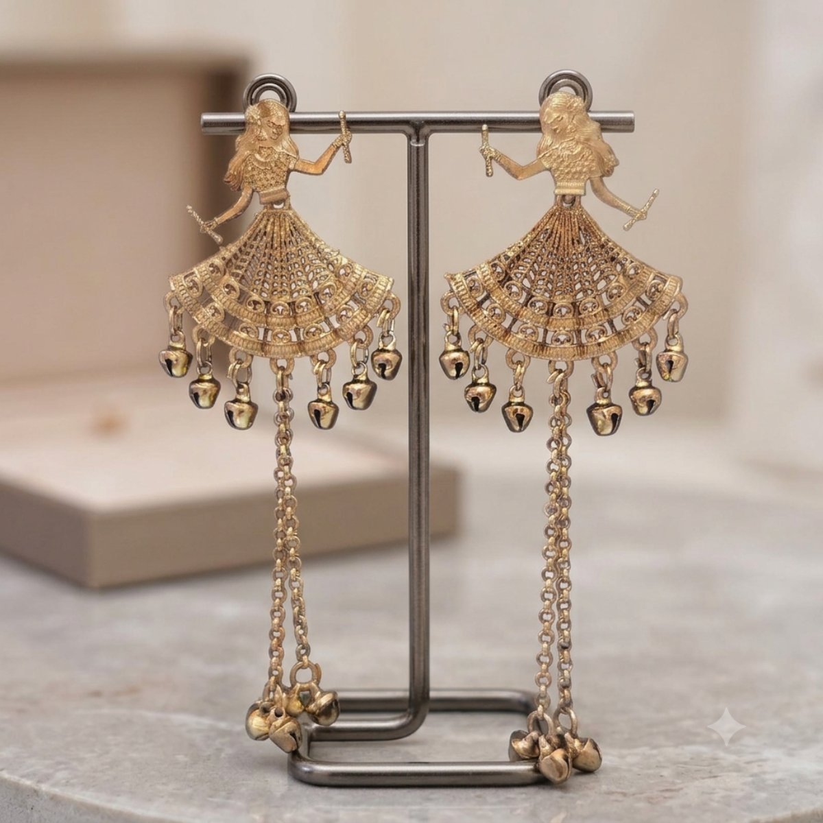 Traditional Kashmiri Brass Alloy Long Earrings for Women-Golden - Image 2