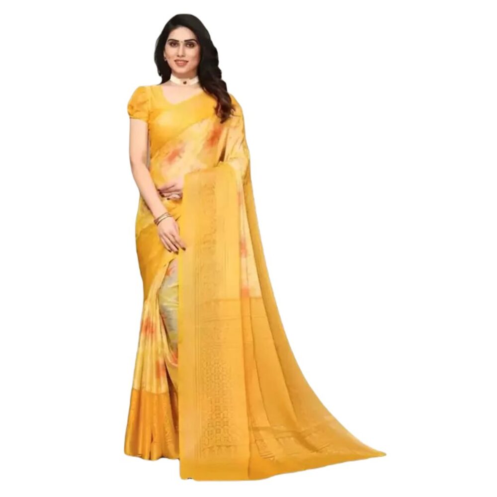 Party Wear Abstract Print Chiffon Saree In Yellow
