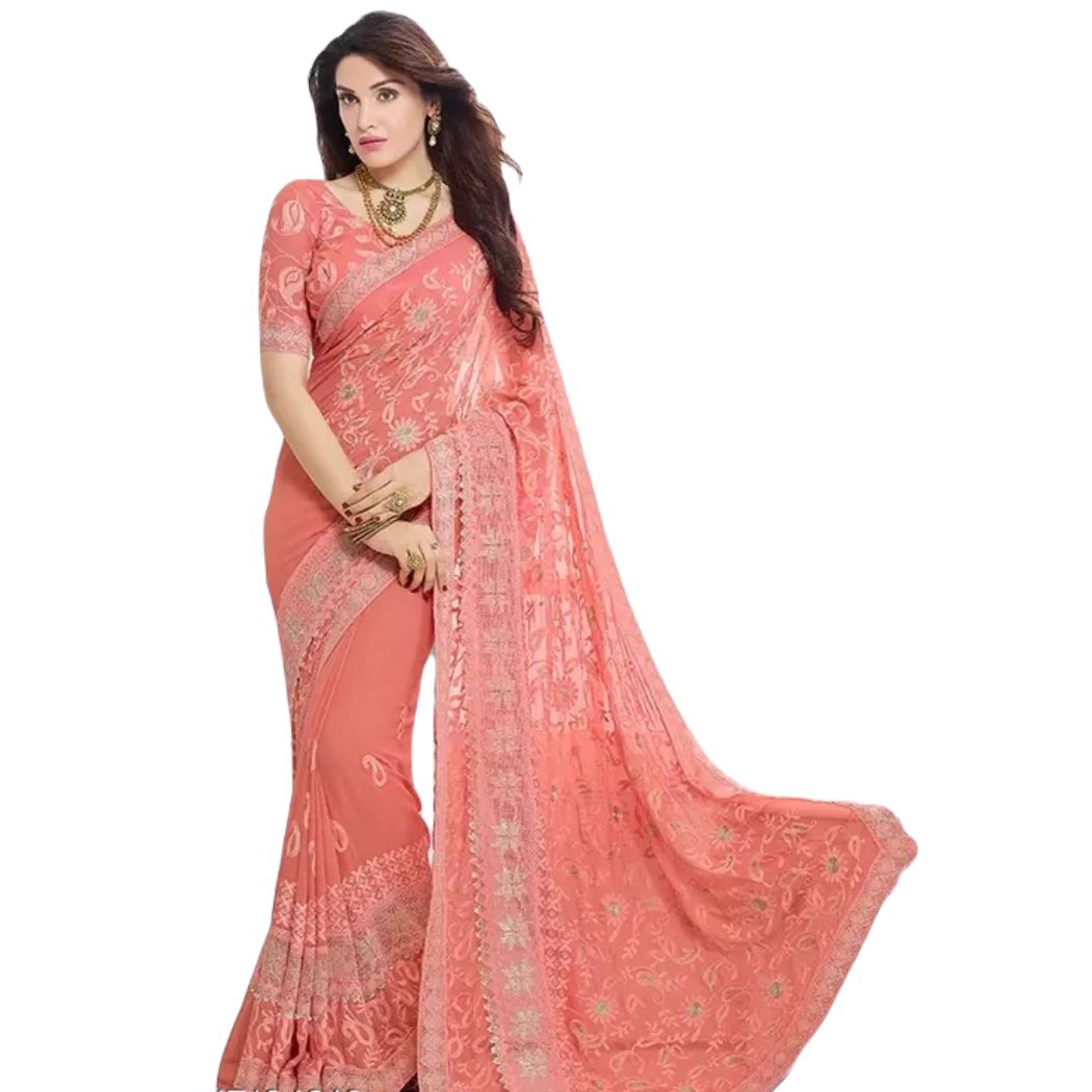 Party Wear Embroidered Chiffon Saree In Peach