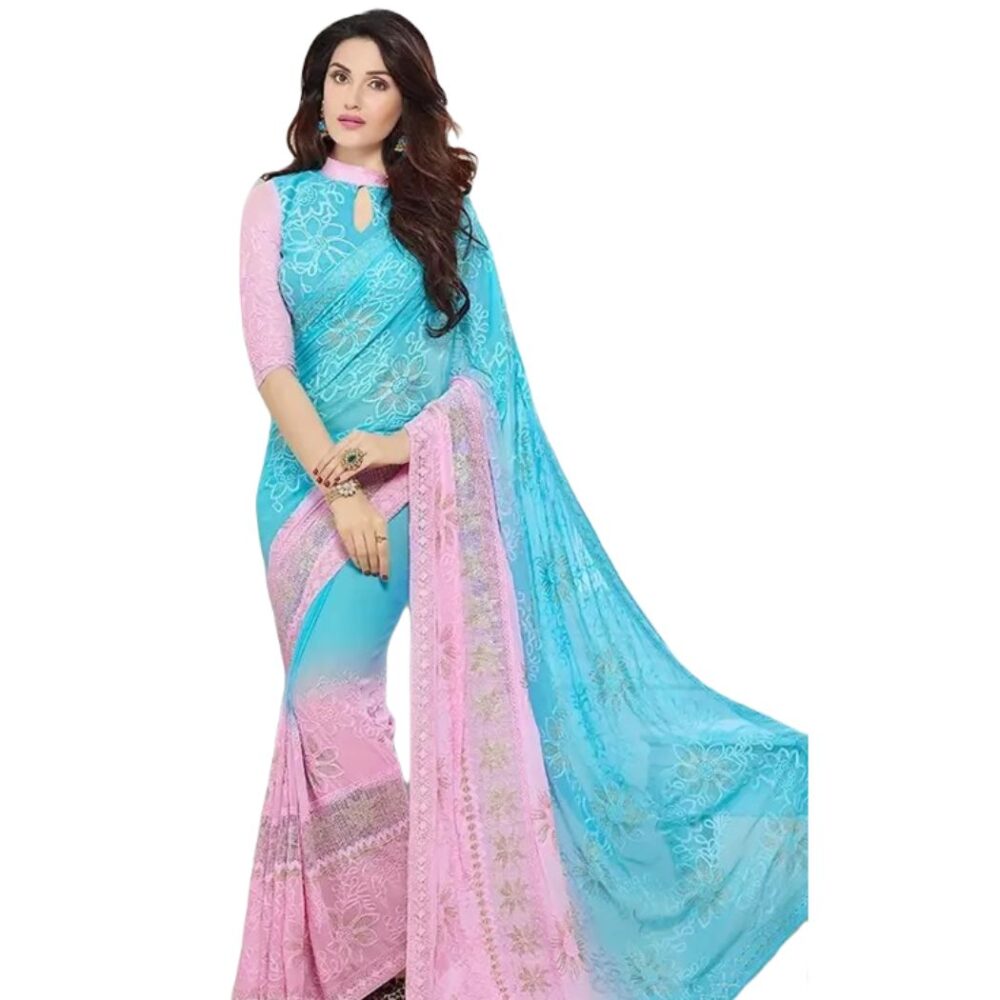 Party Wear Embroidered Chiffon Saree In Blue