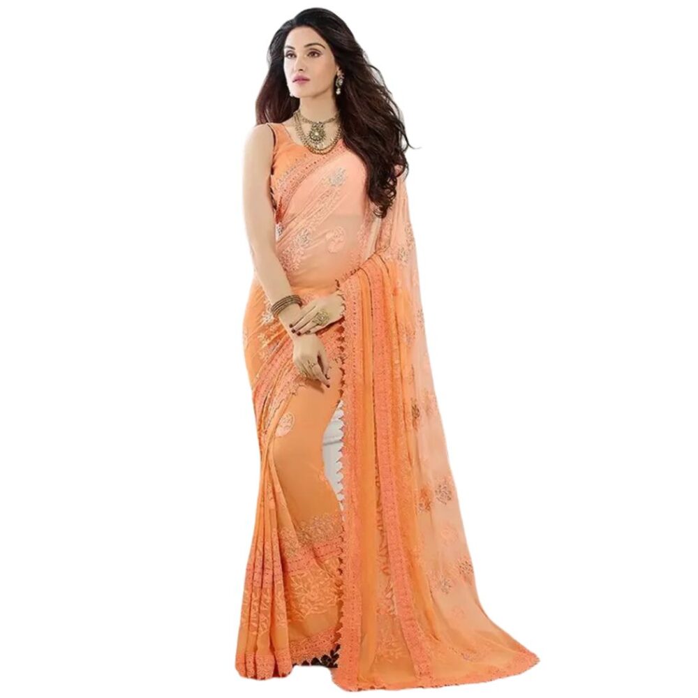 Party Wear Embroidered Chiffon Saree In Orange