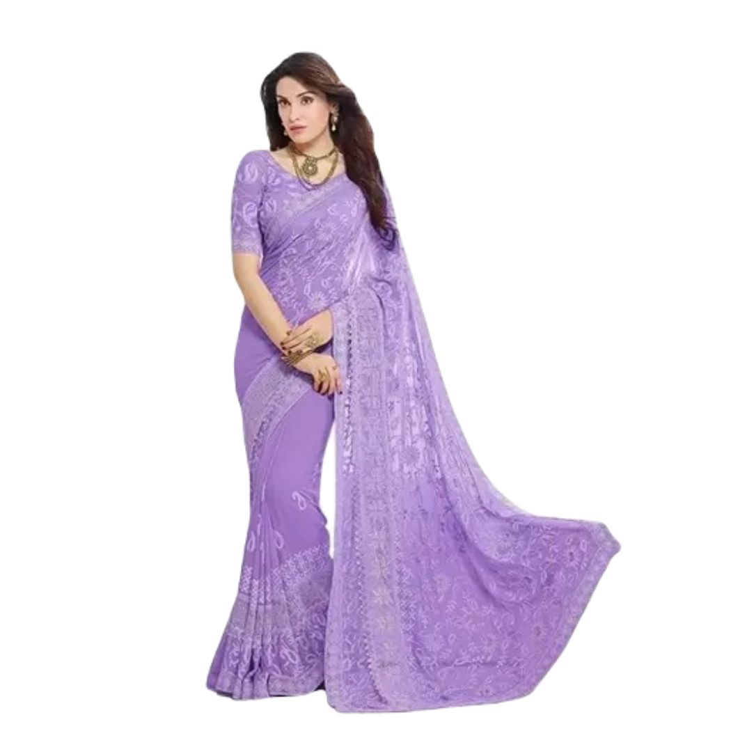 Party Wear Embroidered Chiffon Saree In Purple