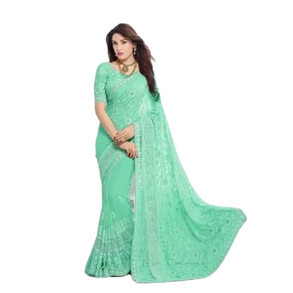Party Wear Embroidered Chiffon Saree In Sea Green