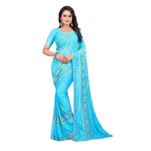 Party Wear Embroidered Chiffon Saree In Firozi