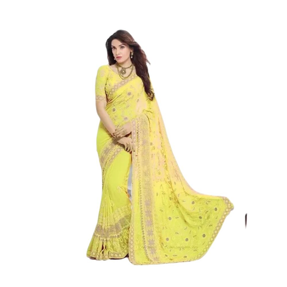 Party Wear Embroidered Chiffon Saree In Yellow
