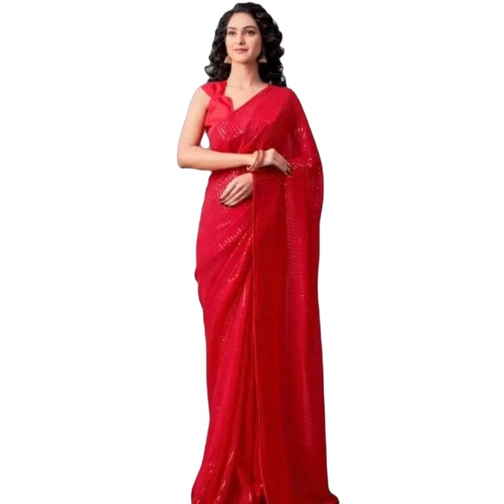Party Wear Sequence Embroidered Georgette Saree In Red