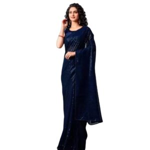 Party Wear Sequence Embroidered Georgette Saree In Navy Blue