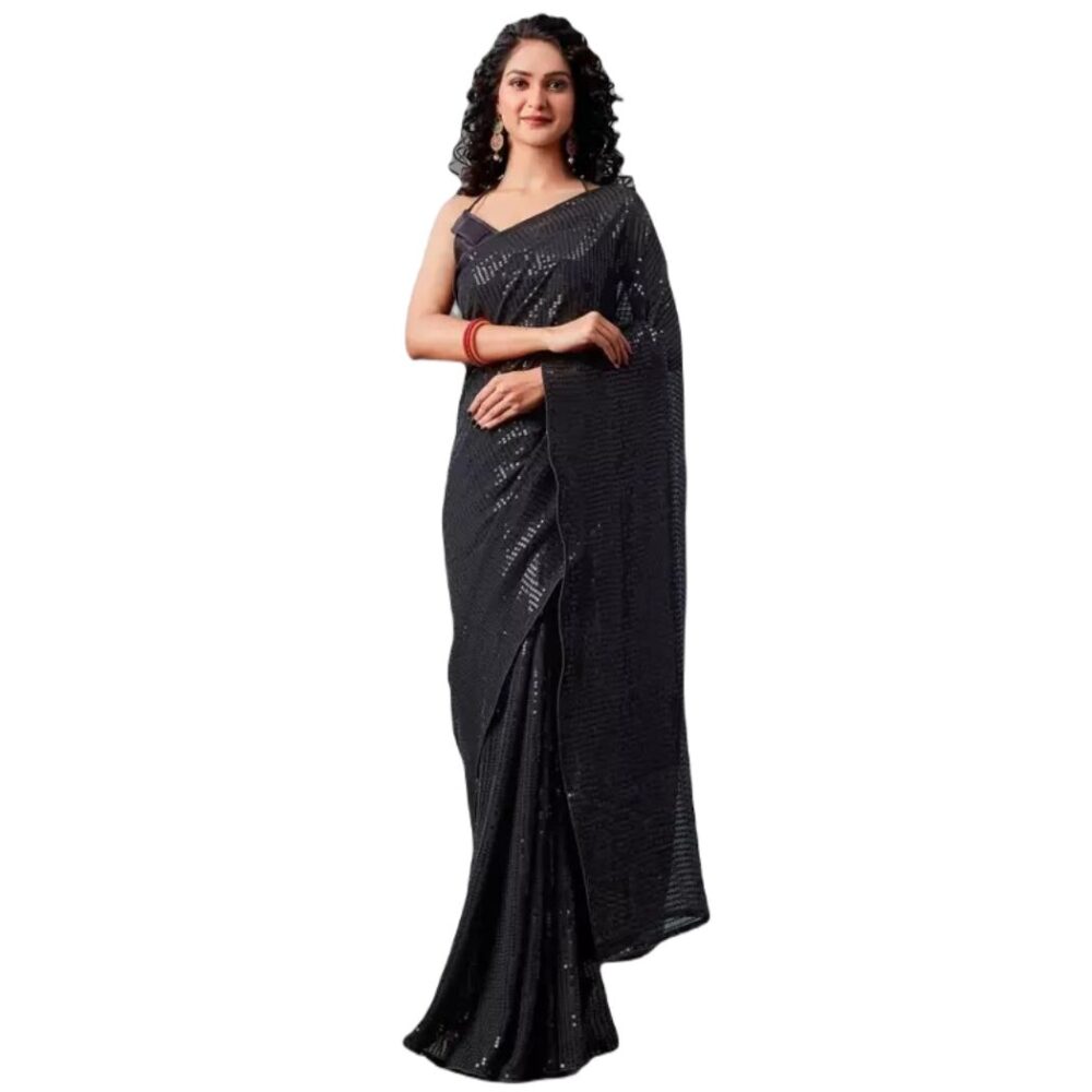 Party Wear Sequence Embroidered Georgette Saree In Black