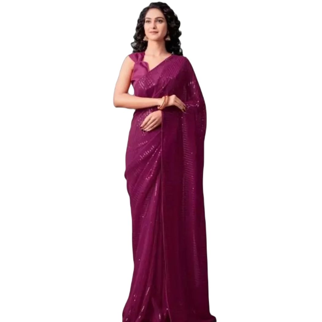 Party Wear Sequence Embroidered Georgette Saree In Magenta