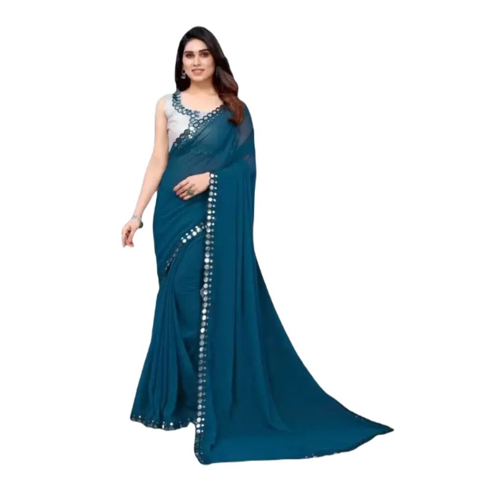 Party Wear Self Design Georgette Saree In Teal