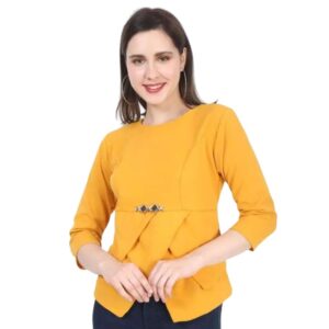 Solid 3/4 Sleeve Short Casual Top In Yellow