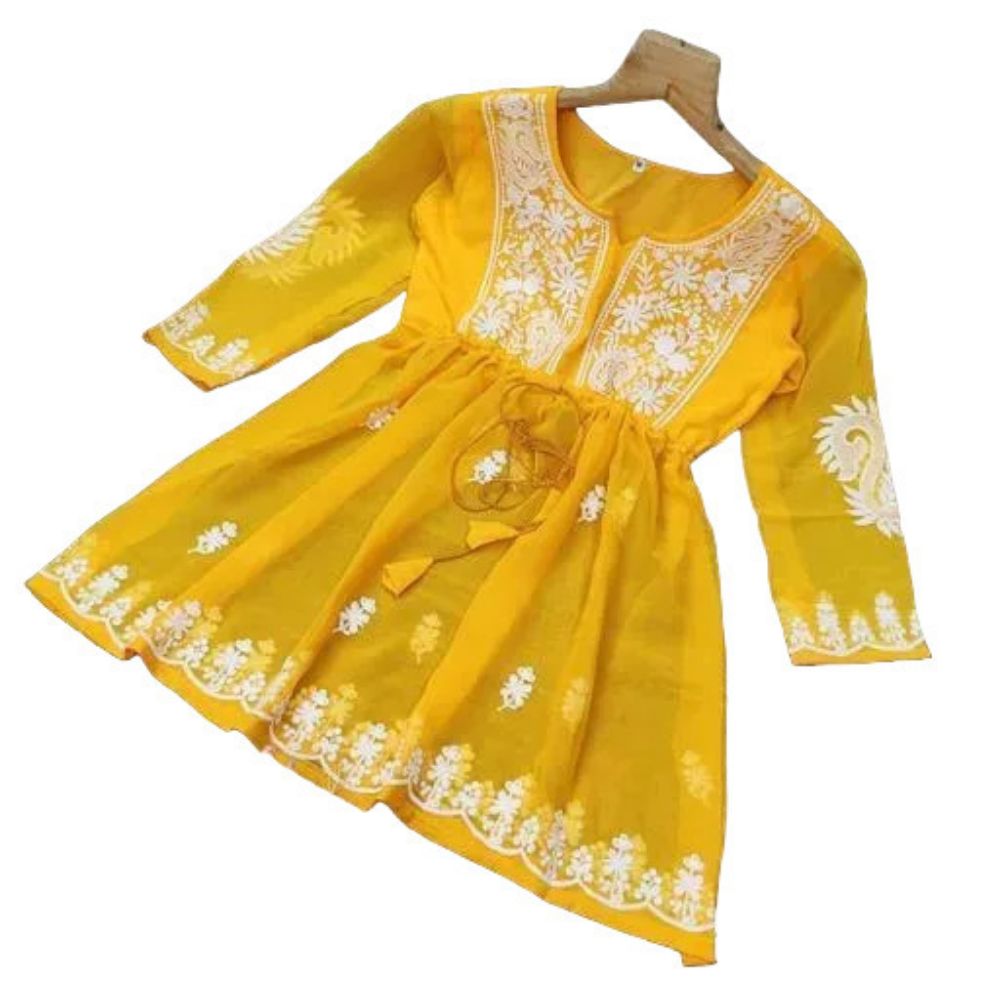 3/4 Sleeve Embroidered Ethnic Tunic Top In Yellow