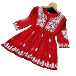 3/4 Sleeve Embroidered Ethnic Tunic Top In Red