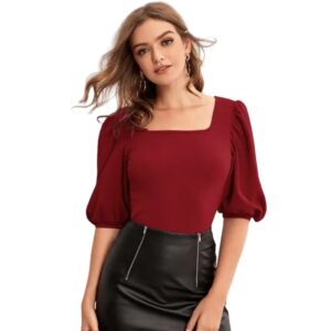 Puff Sleeve Solid Short Party Top In Maroon