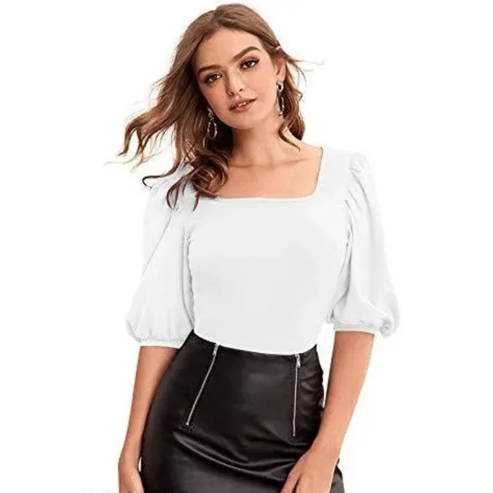 Puff Sleeve Solid Short Party Top In White