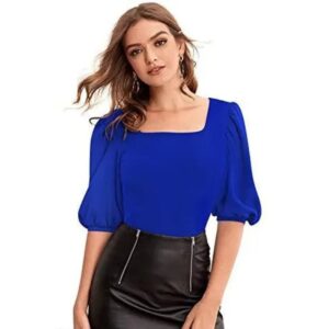 Puff Sleeve Solid Short Party Top In Blue