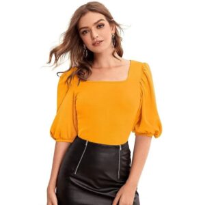 Puff Sleeve Solid Short Party Top In Yellow