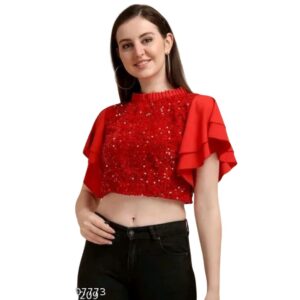 Stylish Bell Sleeve Women Mini Top In Red