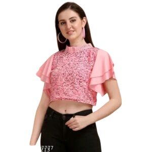 Stylish Bell Sleeve Women Mini Top In Pink