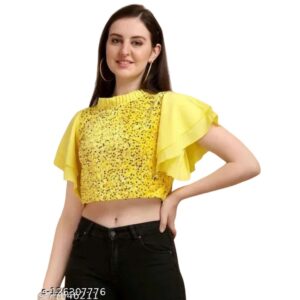 Stylish Bell Sleeve Women Mini Top In Yellow