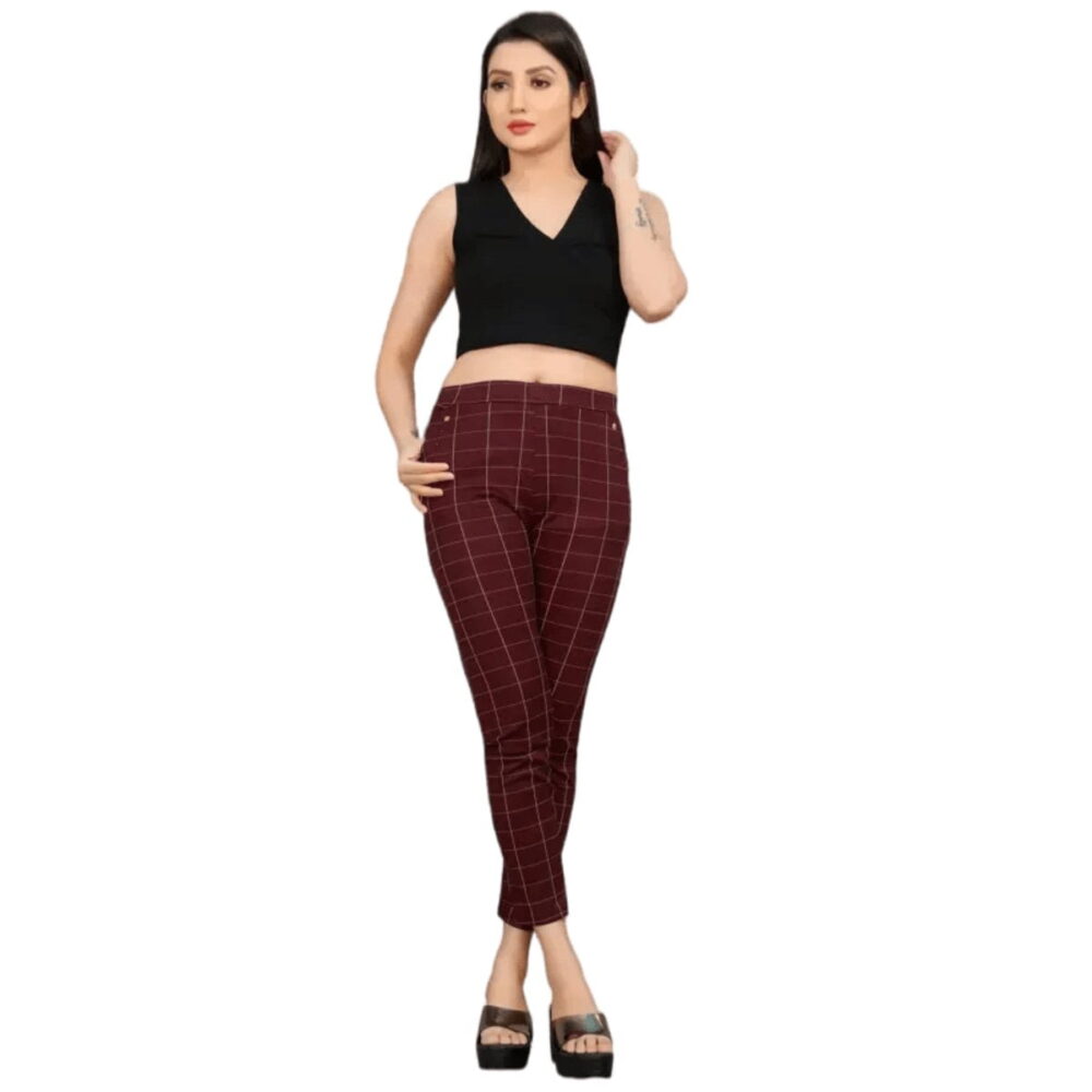 Checkered Design Lycra Jegging In Maroon