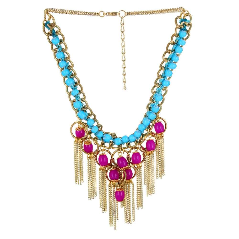 Artificial Pearl Choker Chain Necklace-Blue Magenta