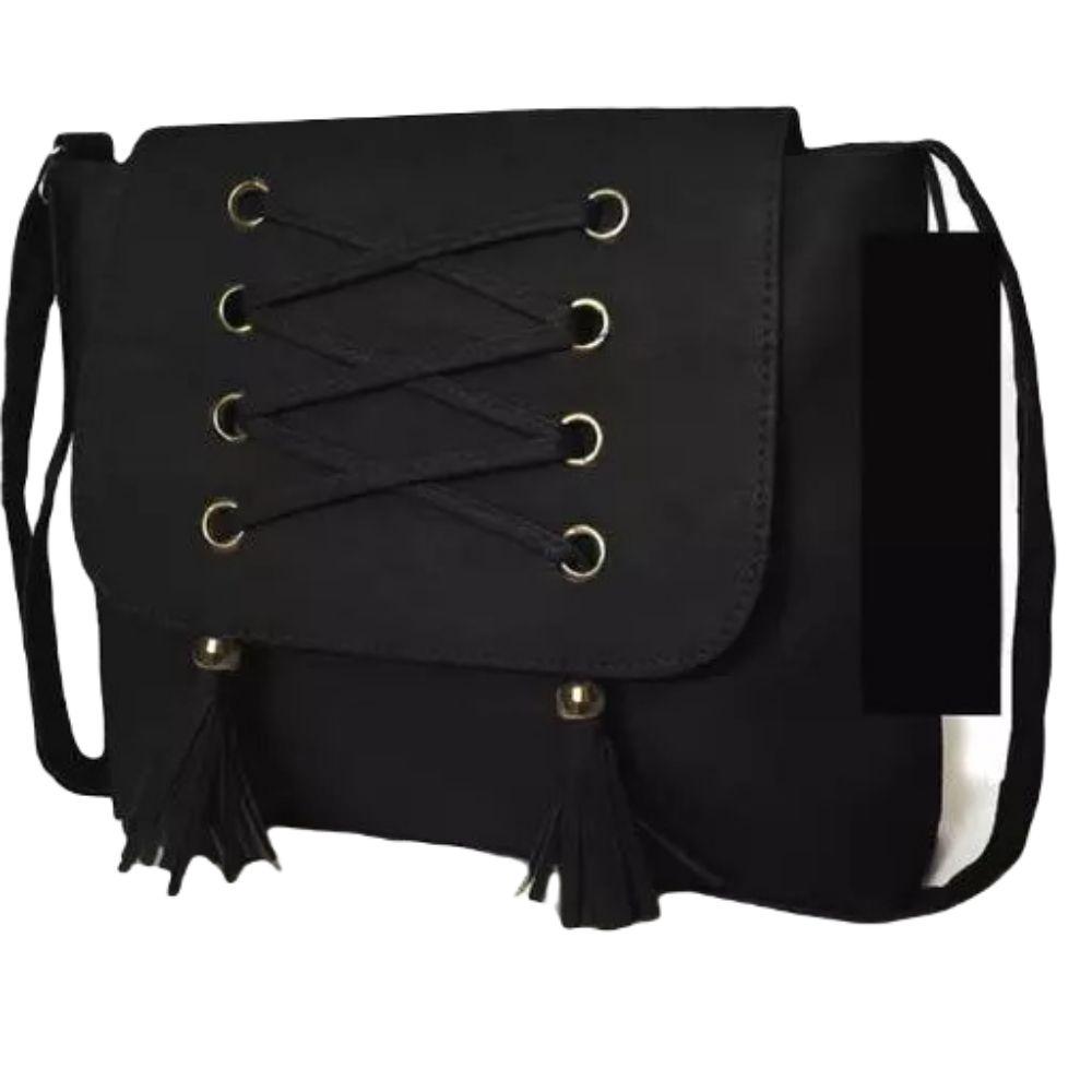 PU Leather Solid Sling And Cross Body Bag In Black