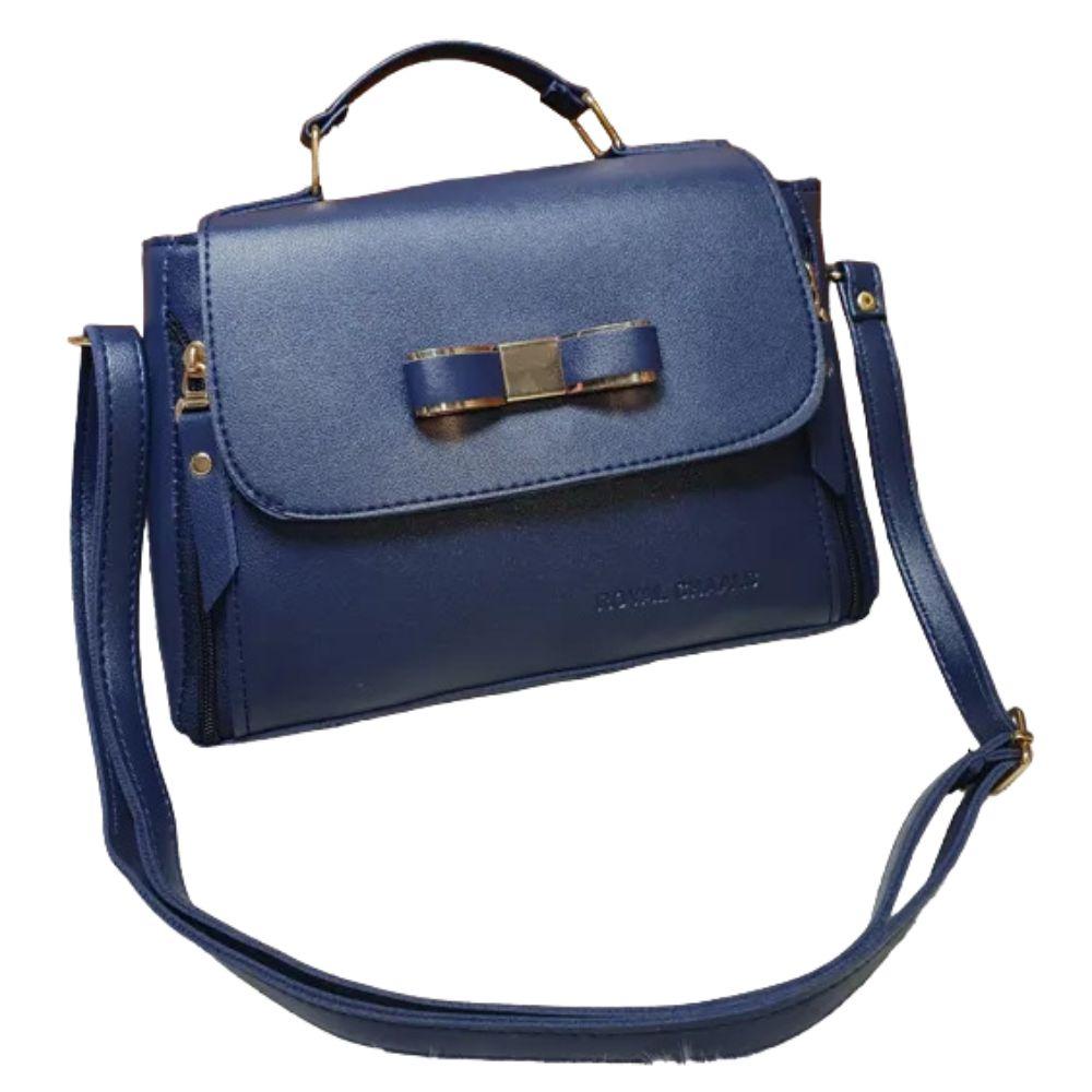 Solid PU Leather Medium Sling Bag In Blue